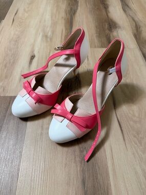 Pink Bow Heels Mary Jane Kitten Heel Colorblock Feminine Coquette Size 38